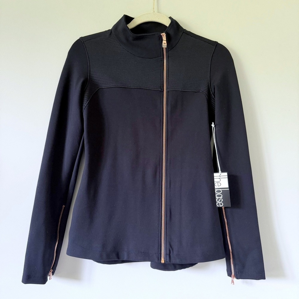 The Base Navy Full Zip Jacket Rose Gold Hardware Ribbed Texture Women‎ Small NWT